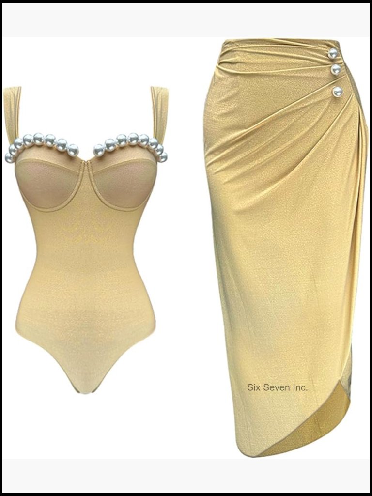Pearl Beaded One Piece Swimsuit With Skirt